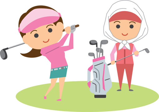 ゴルフをする女性とキャディーさんのイメージイラスト