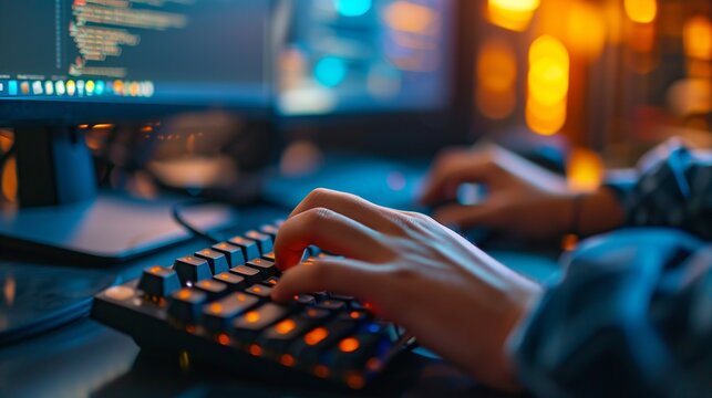 Highlighting the progress in AI technology, a close-up shows a programmer's hands typing on a keyboard that's advanced and illuminated.	Generative AI