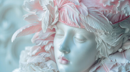 Naklejka premium Marble sculpture of a female head decorated with feathers 