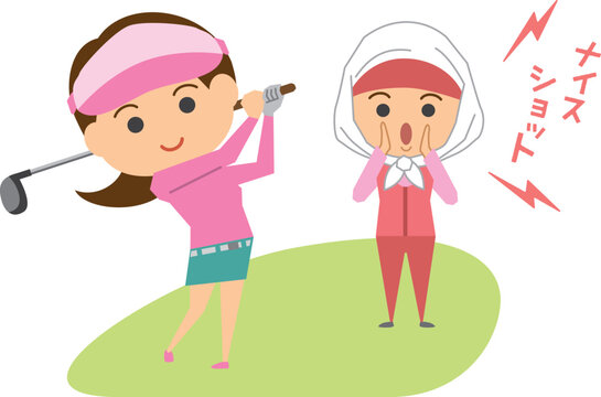 ゴルフをする女性とキャディーさんのイメージイラスト