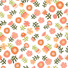 Endless seamless floral pattern. Pattern with simple floral motifs. Minimalistic hand drawing. Vector illustration on a transparent background.