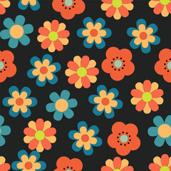 Groovy floral pattern in the style of the 70s and 80s with daisy flowers on dark background