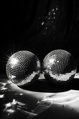 A monochrome image depicting a pair of disco balls resting on a glossy reflective floor