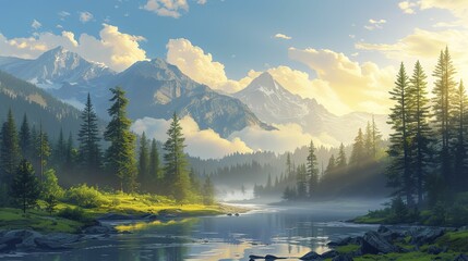 Beautiful morning landscape with a forest and a river