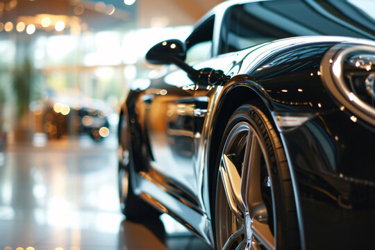 Black car parked in luxury showroom. Closeup new car parked in modern showroom. Automobile leasing and insurance background. Automotive industry. Auto leasing business. Electric vehicle.