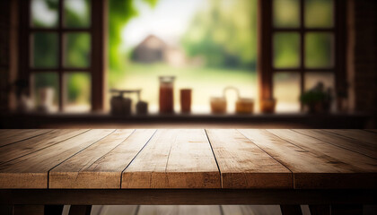 Empty old wooden table with kitchen in background