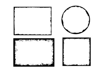 Grunge distressed round, square and rectangle frame. Ink empty black border. Vector illustration set isolated on white background.