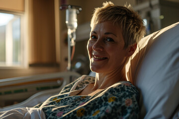 Happy cancer patient sitting on hospital bed. Senior woman after chemotherapy treatment at hospital room. Breast cancer survivor. Life after chemotherapy in hospital recovery beds.