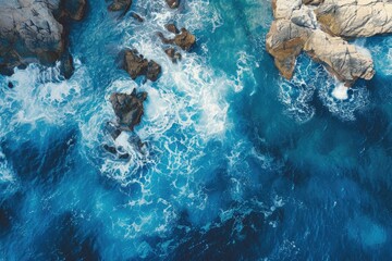 This aerial photograph captures the expansive ocean and rugged rock formations along the coastline, Aerial depiction of vivid, deep blue sea surrounding rocky formations, AI Generated - Powered by Adobe