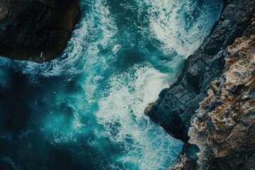 This photo captures a breathtaking aerial view of the vast ocean as seen from a towering cliff,...
