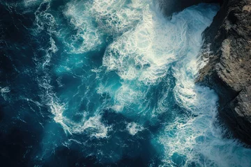 Foto op Canvas Aerial View of the Vast Ocean Waves in Crystal Blue Waters, Aerial scene of a vigorous sea battering a craggy coastline, AI Generated © Iftikhar alam