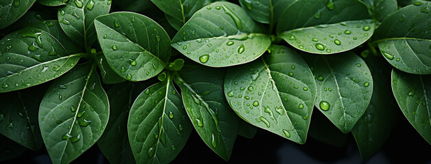 A beautiful macro closeup image of green natural plant leaves in a rain water dews on it