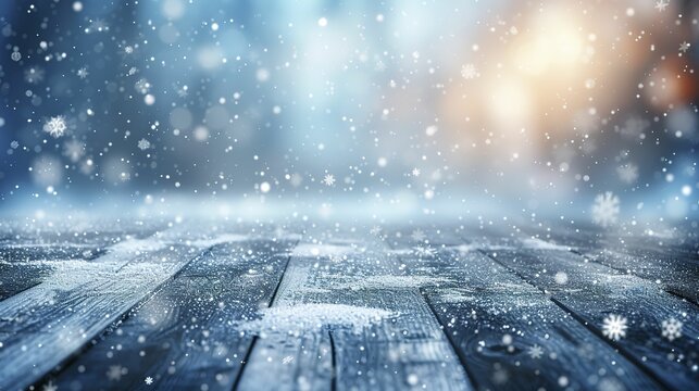 Bokeh background in sky blue and white tones with snowflakes on the floor. 