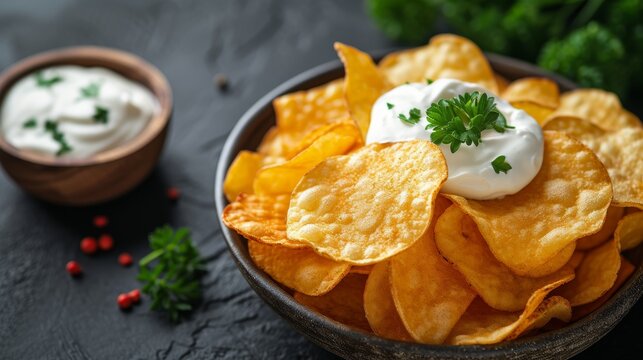 Potato chips with sour cream and parsley on a black background
