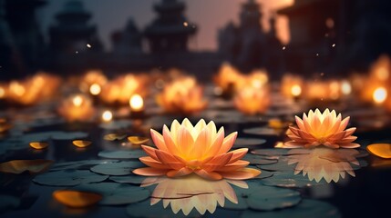 Vesak day background concept, floating lanterns on river at night, celebrating buddha days