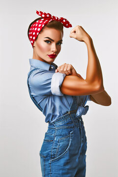 Classic vintage pin-up model dressed as Rosie the Riveter, flexing her muscles and showcasing female empowerment