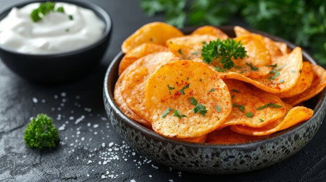 Potato chips with sour cream and parsley on a black background