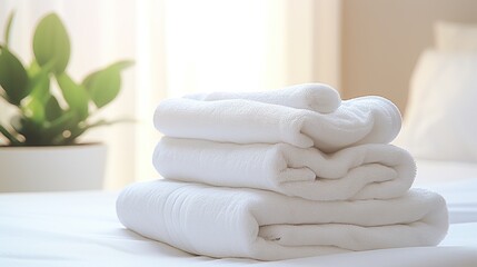 Fototapeta na wymiar Stack of towel on hotel resort bed room 