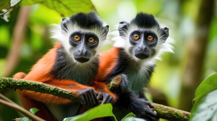 Two red colobuses (Procolobus badius kirkii) sitting.