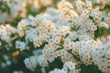 Obraz premium Natural Floral backdrop with white flowers of blooming spiraea branches in garden outdoors.
