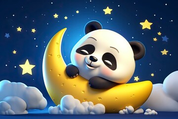 Cute panda doll hugging the moon with a night background full of stars with generative ai