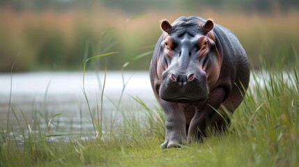 Hippo walking through the grass in the warm morning light