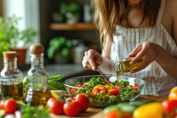 Woman pouring olive oil in to the vegetable salad, healthy eating. - obrazy, fototapety, plakaty