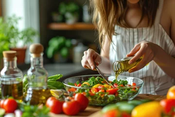 Foto op Plexiglas Woman pouring olive oil in to the vegetable salad, healthy eating. © kardaska