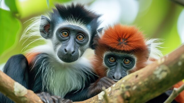 Two red colobuses (Procolobus badius kirkii) sitting.