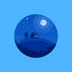 Round night landscape icon of a house on a hill. Flat modern landscape illustration of nature.