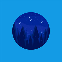 Round icon of night landscape view from forest to starry sky. Flat modern landscape illustration of nature.