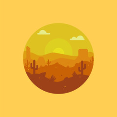 Round icon of desert landscape in early dawn. Flat modern landscape illustration of nature.