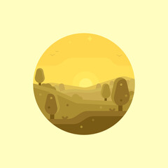 A circular landscape icon of a view from a hill at sunrise. Flat modern landscape illustration of nature.