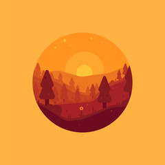 Round icon landscape view sunset view in mountains. Flat modern landscape illustration of nature.