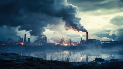 Chemical plant with chimney Smoke from factory chimneys at sunset, environmental issues and air pollution.