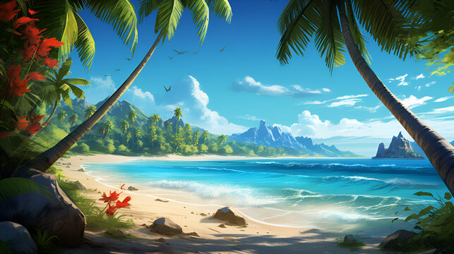 Beautiful paradise tropical island beach background summer holliday poster, Game tropical background Treasure Island, AI generated