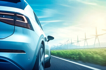 Obraz premium Electric Car Driving With Windmills in the Background