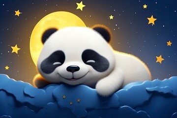 Obraz na płótnie Canvas Cute panda doll hugging the moon with a night background full of stars with generative ai