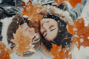 Happy couple rolling in late autumn snow with orange leaves