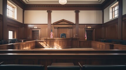 Empty courtroom, court of law and justice interior - obrazy, fototapety, plakaty