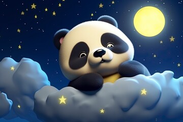 Obraz na płótnie Canvas Cute panda doll hugging the moon with a night background full of stars with generative ai
