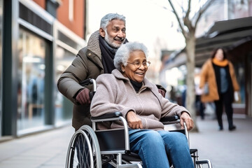 Fototapeta na wymiar Man and Woman Walking Down Street in Wheelchair