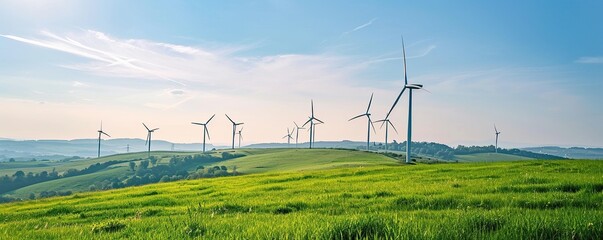 Windmills on a green meadow, electric power production