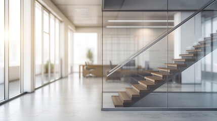 Contemporary office background in natural light,  with elegant wooden staircase, for architectural and interior design presentations, corporate brochure.