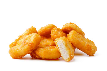 Pile of fried chicken nuggets isolated on white