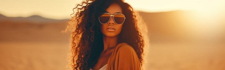 Woman Wearing Sunglasses in Desert Banner. - obrazy, fototapety, plakaty