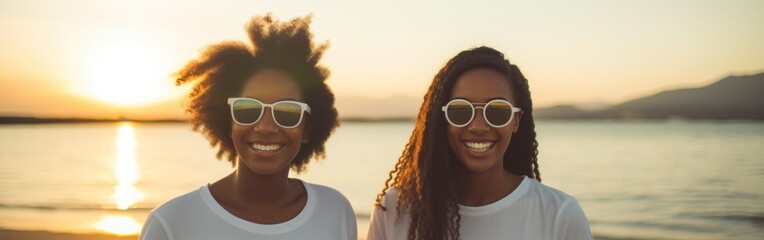 Two Women Standing Together on a Beach Banner.