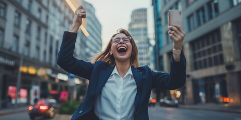 Happy business woman, phone and winning in city for bonus, promotion or good news in urban town. Excited female person or employee smile on mobile smartphone for achievement or outdoor success