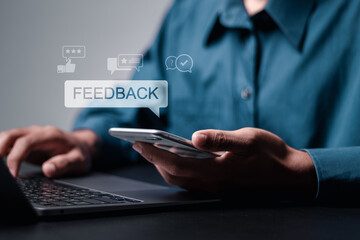 Customer satisfaction survey concept, company online user feedback rating, reputation management. person use laptop and smartphone with virtual icon.