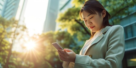 Outdoor, business and woman with cellphone, typing and contact with mobile user, lens flare and social media. Person, entrepreneur and employee with smartphone, internet and website information